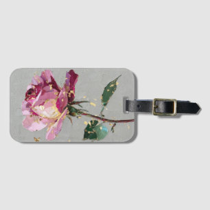 Etiqueta De Bagagem Pintura a Óleo de Rosa Rosa com Folha de Ouro Mode