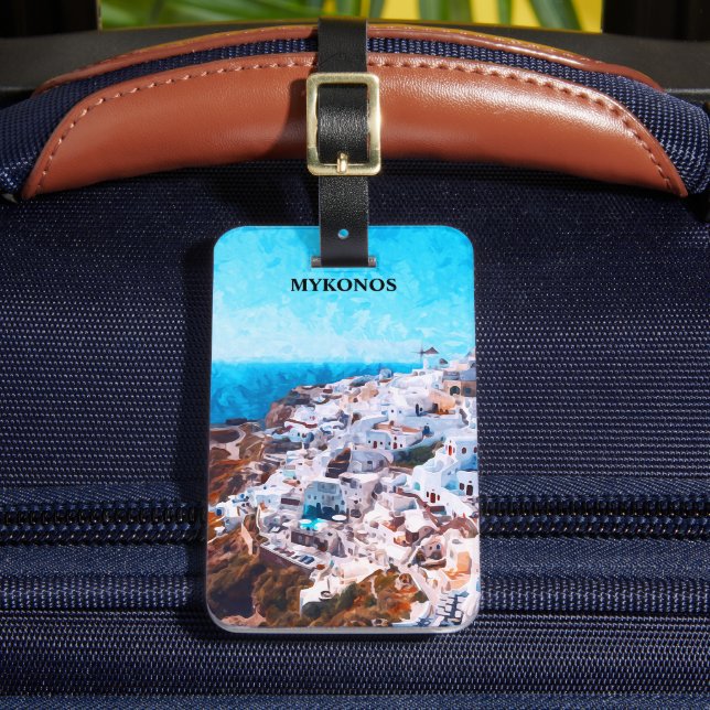 Etiqueta De Bagagem Pintura de Aquarela de Grécia Mykonos (Frente Insitu 2)