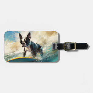 Etiqueta De Bagagem Pintura de Surf na Praia de Boston Terrier