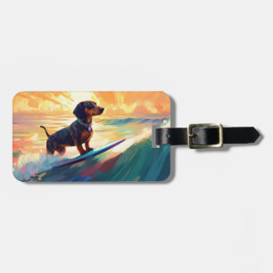 Etiqueta De Bagagem Pintura de surfe na praia de Dachshund