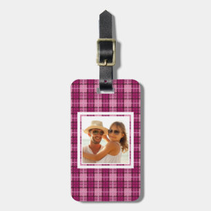 Etiqueta De Bagagem Pixel feito sob encomenda Plaid_Magenta-Black da