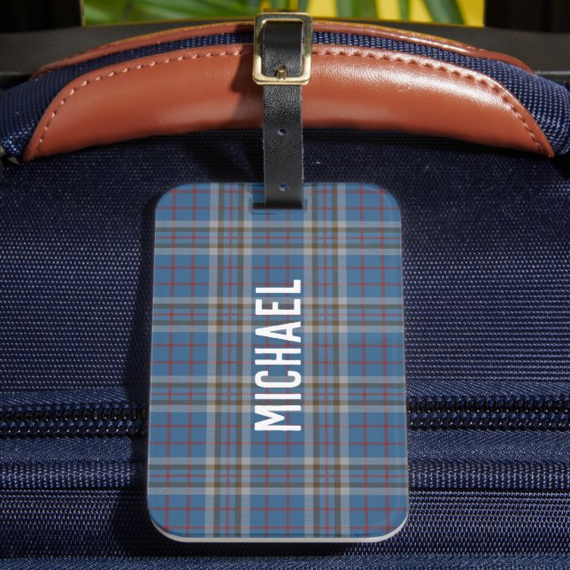 Etiqueta De Bagagem Plaid Blue Grey Checkered Custom Thompson Tartan (Frente Insitu 2)