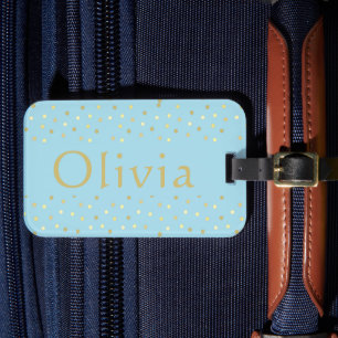 Etiqueta De Bagagem Pontos de Confetti Dourados Pastel Azul Personaliz