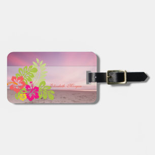 Etiqueta De Bagagem Pôr do Sol na Praia Tropical Hibisco Havaiano
