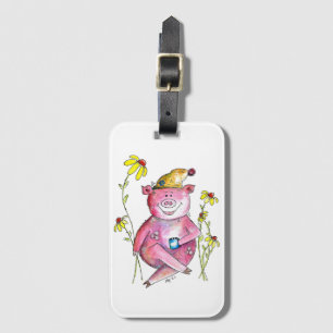 Etiqueta De Bagagem Porco Caprichoso Fofo Bebendo Café