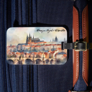 Etiqueta De Bagagem Praga República Checa Watercolor Panorama View