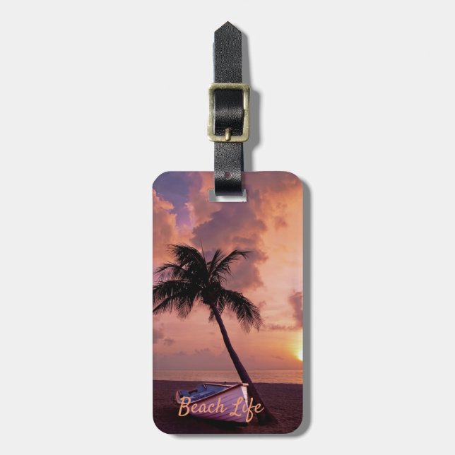 Etiqueta De Bagagem Praia, Areia,Palm,Barco,Sunset -Personalizado (Frente Vertical)