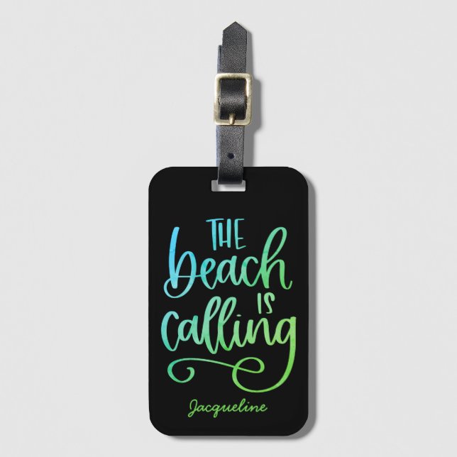 Etiqueta De Bagagem Praia chama Texto Branco Azul Personalizado (Frente Vertical)