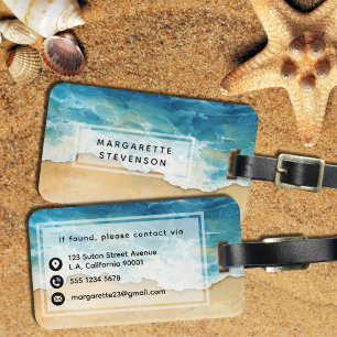 Etiqueta De Bagagem Praia de Areia em Aquarela e Ondas do Mar Viagem