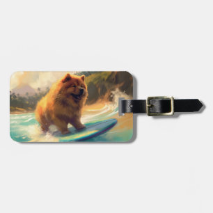 Etiqueta De Bagagem Praia de Chow Chow Pintura de Surfe