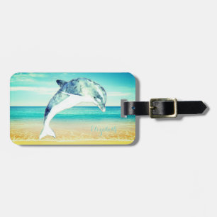 Etiqueta De Bagagem Praia Tropical,Céu Azul,Areia do Oceano,Golfinho