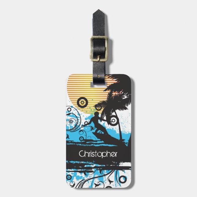 Etiqueta De Bagagem Praia Tropical do Surfe Personalizado de Grunge (Frente Vertical)