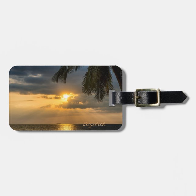 Etiqueta De Bagagem Praia Tropical, Palma, Sunset - Personalizada (Frente Horizontal)