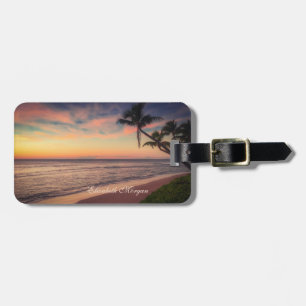 Etiqueta De Bagagem Praia Tropical, Pôr do Sol, Palmeira