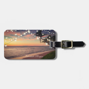 Etiqueta De Bagagem Praia Tropical,Pôr do Sol, Palmeira, Luzes de Cord