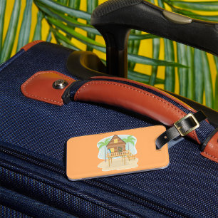 Etiqueta De Bagagem Pranchas e Palmeiras Tropicais de Hut de Praia