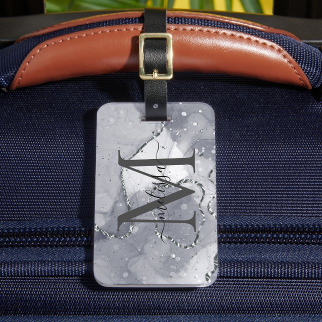 Etiqueta De Bagagem Prata Elegante e Monograma Preto (Frente Insitu 2)