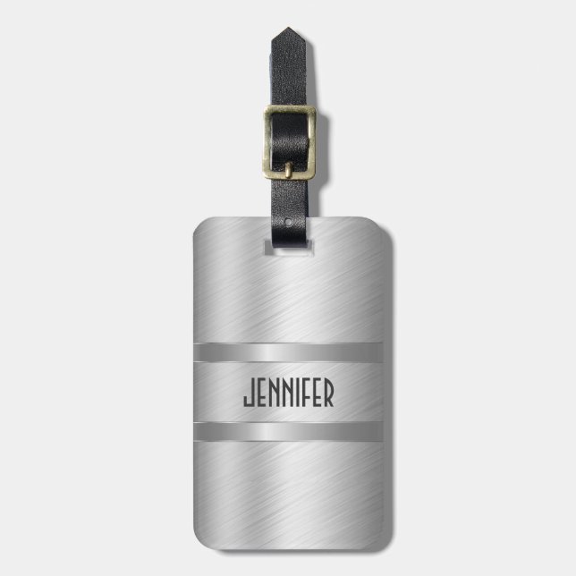 Etiqueta De Bagagem Prata Metálica Monograma Bruta Alumínio (Frente Vertical)