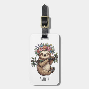 Etiqueta De Bagagem Preguiça Floral Fofa Personalizada com Coroa de Fl