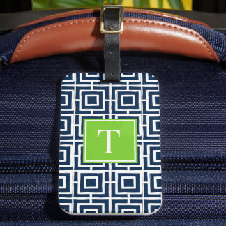 Etiqueta De Bagagem Preppy Square Lattice Monogram – Navy & Lime