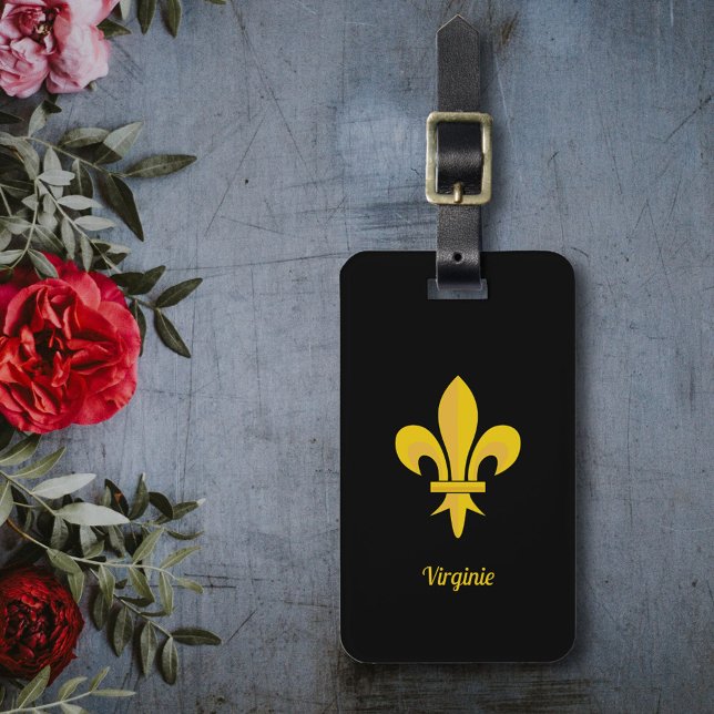Etiqueta de bagagem preta com uma Dourada flor de  (Black Luggage Tag with a Gold Fleur de Lis)