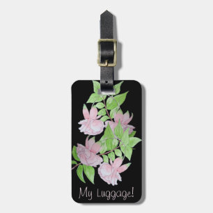 Etiqueta De Bagagem preto com as flores cor-de-rosa por todo o lado no