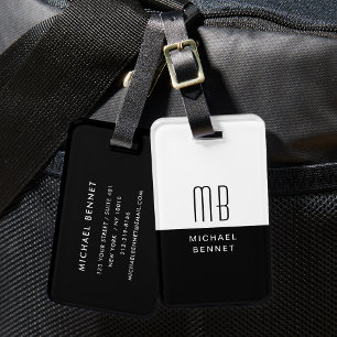 Etiqueta De Bagagem Preto e Branco Monogramado Elegante