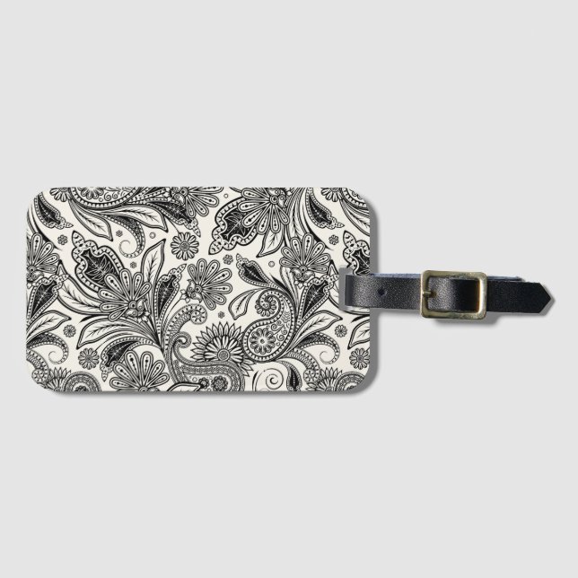 Etiqueta De Bagagem Preto e branco paisley (Frente Horizontal)
