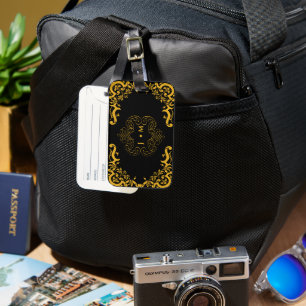 Etiqueta De Bagagem Preto e Dourado com elementos decorativos