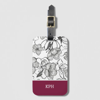Etiqueta De Bagagem Preto Floral, Branco e Vermelho com Monograma