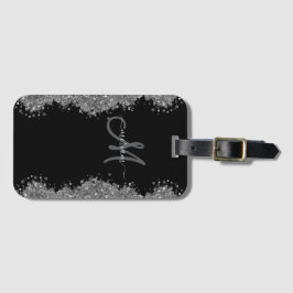 Etiqueta De Bagagem Preto Glitter Prata Falso Monograma Cinza Moderno