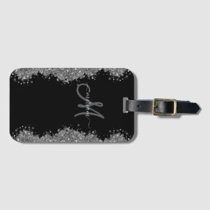 Etiqueta De Bagagem Preto Glitter Prata Falso Monograma Cinza Moderno