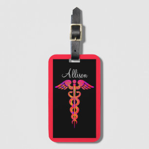 Etiqueta De Bagagem Preto médico personalizado do Caduceus colorido da