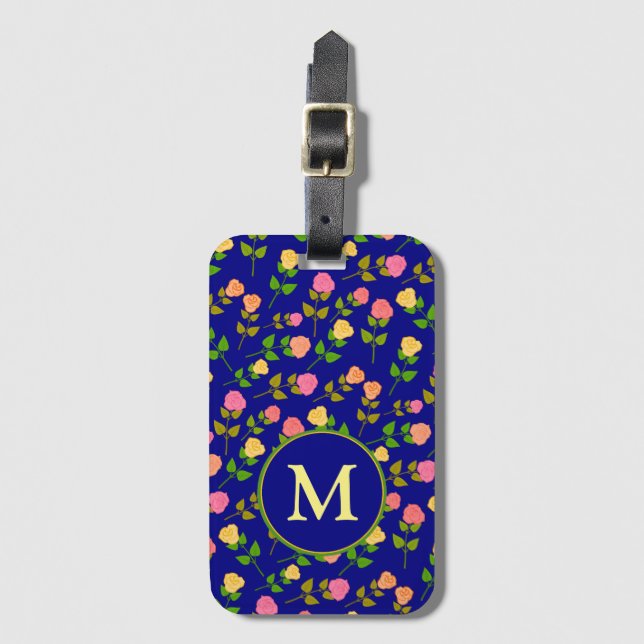 Etiqueta De Bagagem Pretty Blue Rose Pattern Monogram (Frente Vertical)