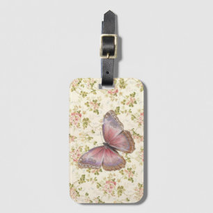 Etiqueta De Bagagem Pretty Shabby Chic Pink Butterfly on Floral