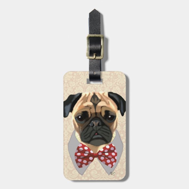 Etiqueta De Bagagem Pug com Arco vermelho e branco (Frente Vertical)
