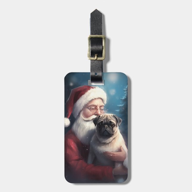 Etiqueta De Bagagem Pug Com Papai Noel Natal Festivo (Frente Vertical)