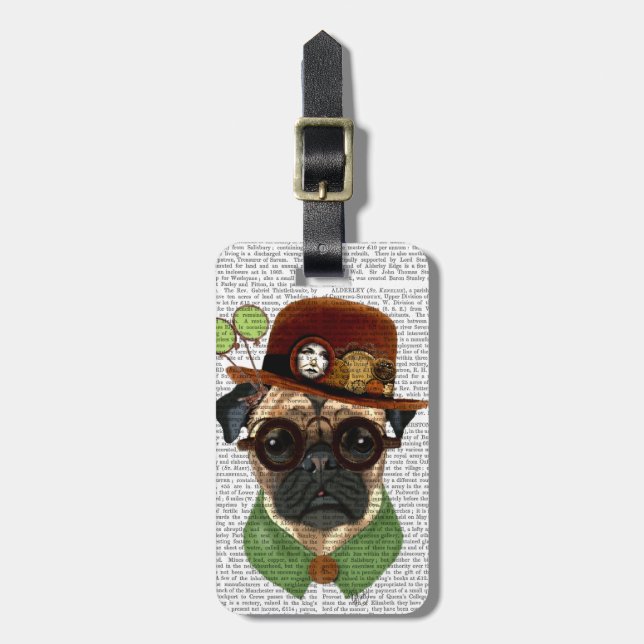 Etiqueta De Bagagem Pug com Steampunk Bowler Hat (Frente Vertical)