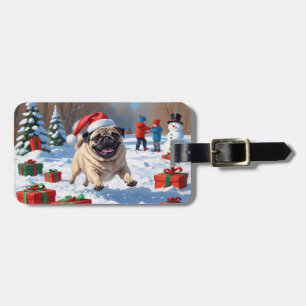 Etiqueta De Bagagem Pug Correndo na Neve com Chapéu de Natal