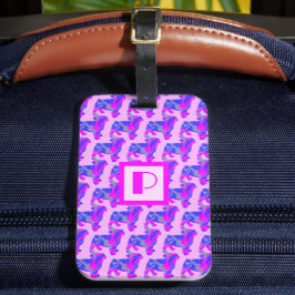 Etiqueta De Bagagem Pug Dog Pink & Blue Silhouch Monograma