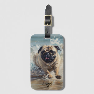 Etiqueta De Bagagem Pug Feliz na Praia personalizável