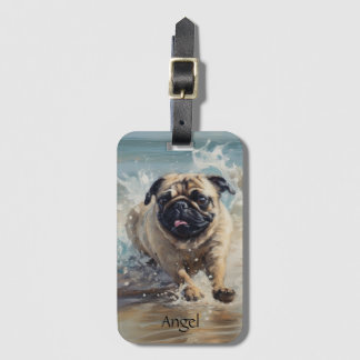 Etiqueta De Bagagem Pug Feliz na Praia personalizável