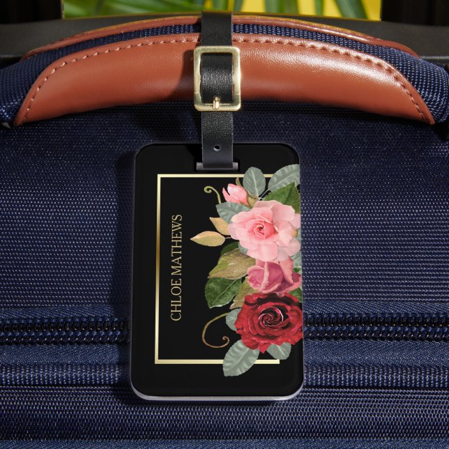 Etiqueta De Bagagem Quadro Dourado Floral Elegante Rosa (Frente Insitu 2)