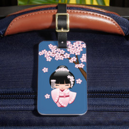 Etiqueta De Bagagem Quimono Rosa Boneca Kawaii Kokeshi em Azul