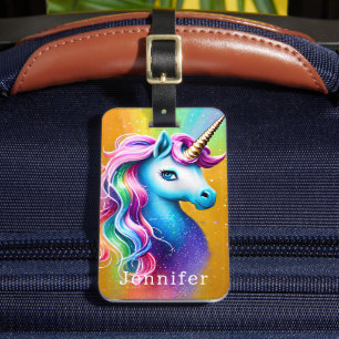 Etiqueta De Bagagem Rainbow Vibrante e Faux Glitter Unicorn