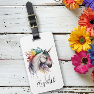 Etiqueta De Bagagem Rainbow Watercolor Monograma Unicorn