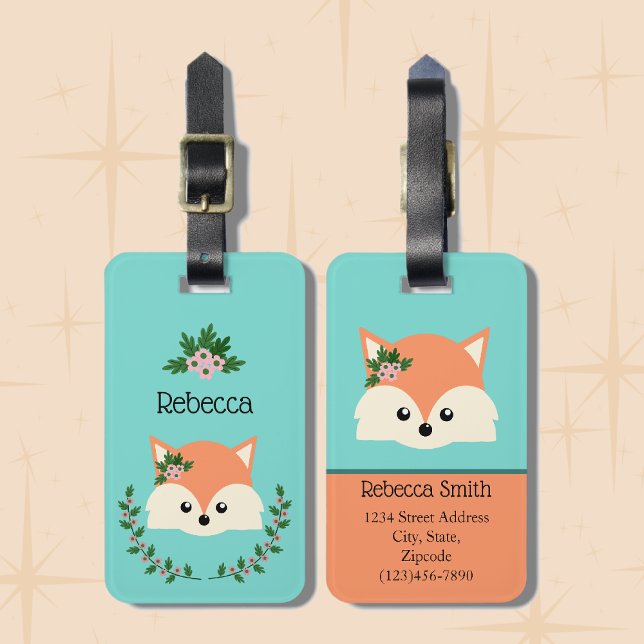 Etiqueta De Bagagem Rapariga de Raposa Personalizada Simples  (Cute Adorable Personalized Cartoon Fox Luggage Tags.)