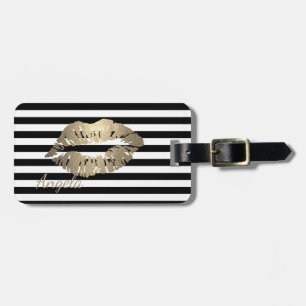 Etiqueta De Bagagem Rapariga, Preta, Listras Brancas,Lábios De Literat