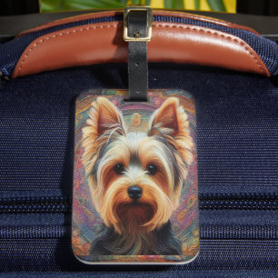 Etiqueta De Bagagem Realista Yorkshire Terrier Dog Fronteira Colorida