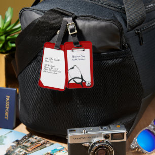 Etiqueta De Bagagem Red Clipboard Medical com estetoscópio